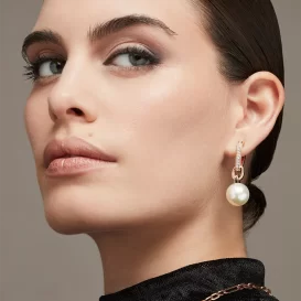 Aros en oro rosa 18k, brillantes y perla central